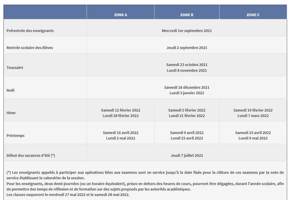 Le calendrier scolaire 2021-2022